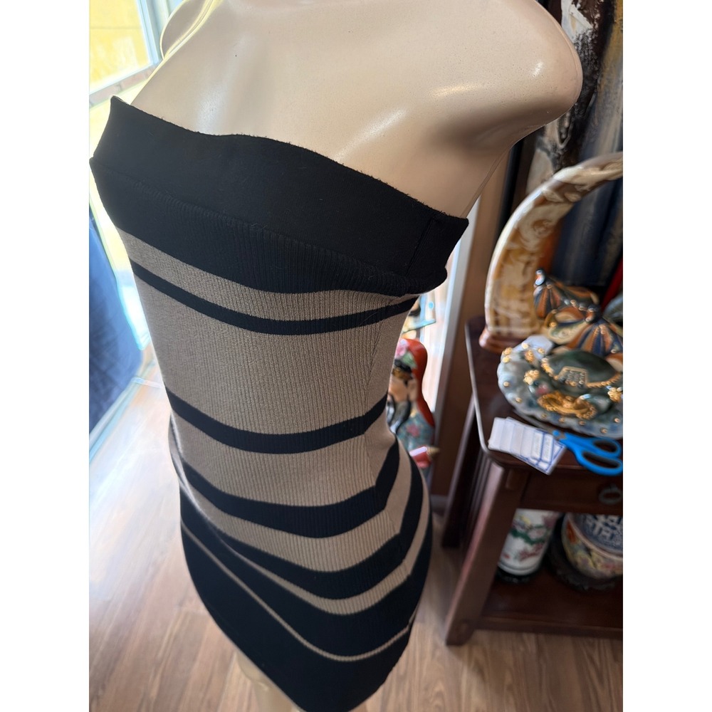 Fashion Nova Tan Black Striped Ribbed Knit Bodycon Strapless Mini Tube Dress - Picture 3 of 7